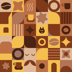 Geometry coffee seamless pattern. Geometric minimalist background with circle, abstract shape, coffee bean, coffee cup, mug. Cafe vector illustration, print, wallpaper