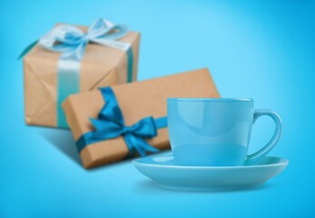 Happy Father's Day inscription with a cup of coffee on the desk