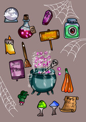 cool idea for Halloween stickers: magic ball, jar with an eye, candle, spell book, witch pot of potions, poisonous mushrooms, zombie hand, spider web