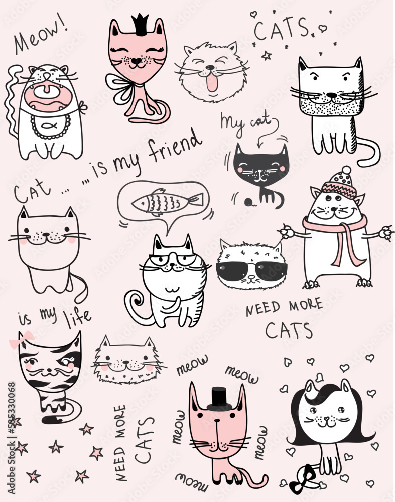 Poster funny cats doodles. set of 9 hand drawn characters in different poses. design elements for print sti