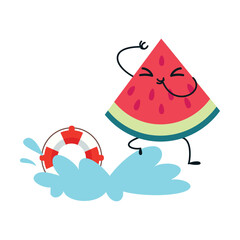 Watermelon as Summer Fruit Character Splashing in Water with Rubber Ring Enjoying Vacation and Having Fun Vector Illustration