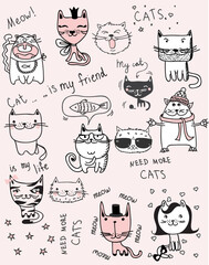 Funny cats doodles. Set of 9 hand drawn characters in different poses. Design elements for print stickers, greeting cards, t-shirt, poster . Isolated on the background.