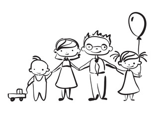 Set of happy cartoon doodle figure family, stick man. Stickman Illustration Featuring a Mother and Father and Kids. Vector Illustration, set of family in stick figures.