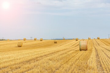 A field with golden hay bales in French countryside on the sky background. High quality photo
