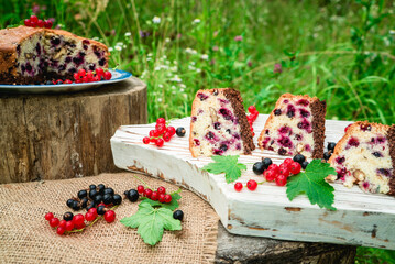 pieces of cut fruit pie with black and red currant berries on a white wooden board on a green natural background