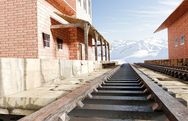 Train station on a snowy landscape. Transportation and travel. 3d illustration.