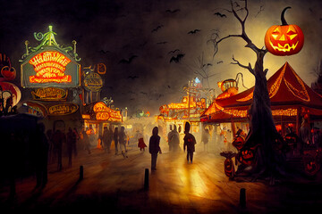 haunted boardwalk carnival at halloween, digital illustration, created with generative ai - obrazy, fototapety, plakaty