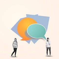 Creative collage portrait of two people with huge dialogue bubble communication
