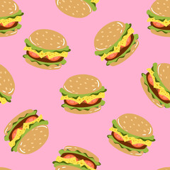 Seamless pattern with burger on pink background. Fast food, junk food pattern. American food.Vector background for fast food banner, textile, wrapping paper, package.