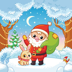 Christmas card with santa claus and rabbit on a snowy background in cartoon style.