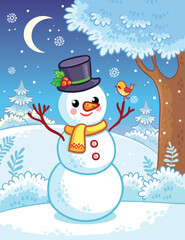 Christmas card with a snowman on a snowy background in cartoon style. New Years illustration