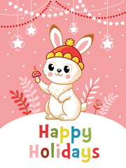 Christmas card with New Year's bunny on a snowy background in cartoon style.