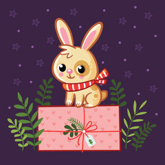 Christmas card with a New Year's bunny that sits on a gift in a cartoon style.