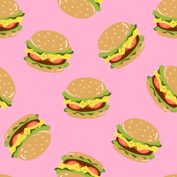 Naklejka Seamless pattern with burger on pink background. Fast food, junk food pattern. American food.Vector background for fast food banner, textile, wrapping paper, package.