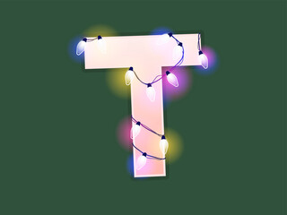 English alphabet vector illustration. Type with glowing Christmas lights and bulbs. Celebrational letters for decoration. Festive set in playful style. Letter T