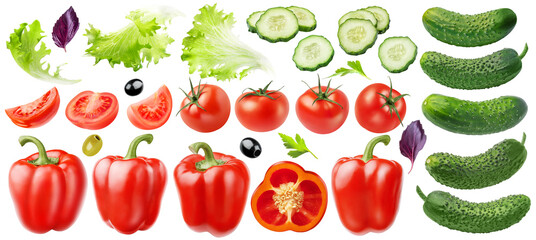 Isolated vegetables collection. Tomato, cucumber, bell pepper, olives, basil, parsley, lettuce isolated on white background with clipping path