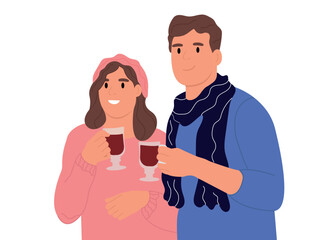 Characters with hot drinks. Winter happiness, mulled wine or coffee drink for a snowy winter. Friends spend time together Vector illustration in flat cartoon style.