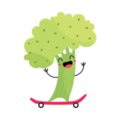 Green Broccoli Vegetable Riding Skateboard Enjoying Summer Vacation and Having Fun Vector Illustration