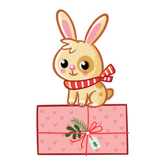 Christmas card with a New Year s bunny sitting on a gift on a white background.