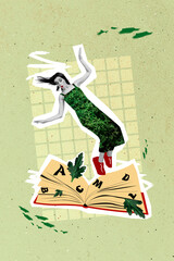 Collage image of pinup pop retro sketch of funny funky falling down young woman biology student botanic study plants read book prepare exam
