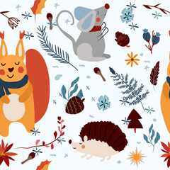 Seamless patterns with with a cute mouse in a scarf, funny squirrel, hedgehog, bright flowers, colored leaves. Magical winter. Vector illustration.