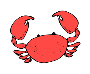 a red cartoon crab, hand-drawn in sketch style. crab black outline red color with large claws seafood restaurants