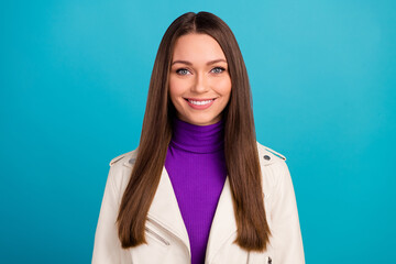 Close up photo of good looking lady long healthy hair white shiny smile wear trendy clothes isolated on blue color background