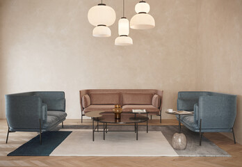 3d render of a contemporary interior with velvet lounge sofas, side table and pendant paper lamps
