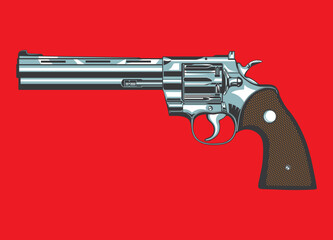 Vector illustration of a colt or magnum revolver with a brown handle on a red isolated background - obrazy, fototapety, plakaty