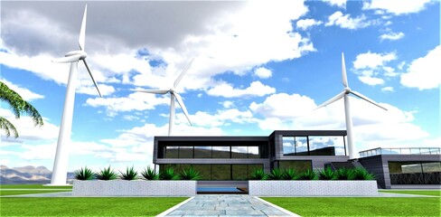 Amazing estate designed with the use of renewable energy sources. Low-vibration noiseless wind generators provide the house and garden with electricity. 3d rendering.