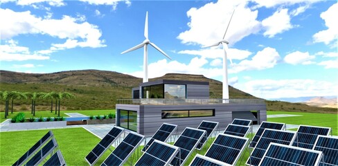 Own solar farm and two silent wind turbines on the territory of an amazing estate in the mountains in an ecologically clean area. 3d rendering.