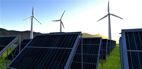 Several rows of photovoltaic panels against the backdrop of the setting sun. Behind are three powerful low-vibration noiseless wind generators. 3d rendering.