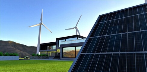 Solar panel. Near view. Green meadow with a wonderful eco-friendly house. Behind are high-performance silent wind generators. Renewable energy saves the world. 3d rendering.