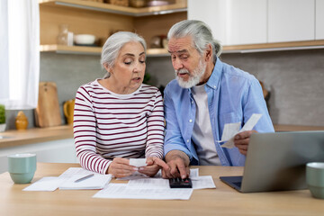 Fototapeta premium Senior couple sitting at table with papers and bills and using calculator