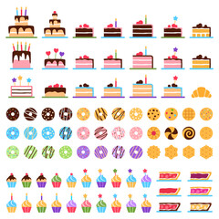 Pastry elements set on white background. Tasty baked healthy dessert collection. Flat biscuit cake donut cookie muffin chocolate pie croissant puff. Cartoon sweet snack french food vector illustration