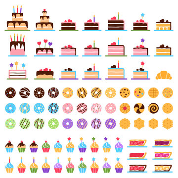 Pastry elements set on white background. Tasty baked healthy dessert collection. Flat biscuit cake donut cookie muffin chocolate pie croissant puff. Cartoon sweet snack french food vector illustration