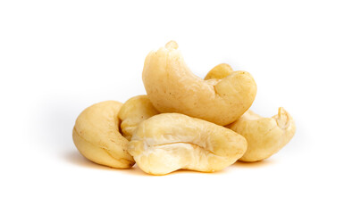 Cashew nuts as a background, top view. Cashew isolated on white background. Healthy foods.