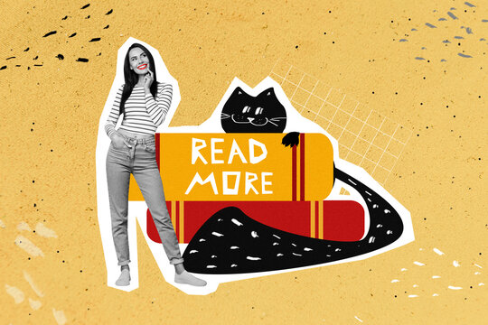 Creative Poster Collage Of Beautiful Young Woman Choose Book Lover Black Drawing Cat Cozy Calm Weekend Read More Bookstore Advert