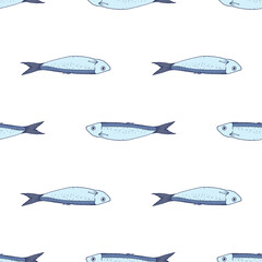 Vector pattern of blue sardines. Seamless pattern of a hand-drawn sketch of a small sardine fish, blue-gray with a blue outline, side view, horizontally isolated seafood on white for a design template