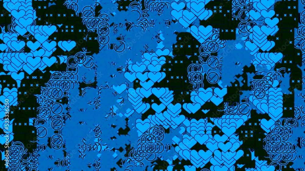 Poster black background. design.blue hearts in abstraction that appear in different places of a dark backgr