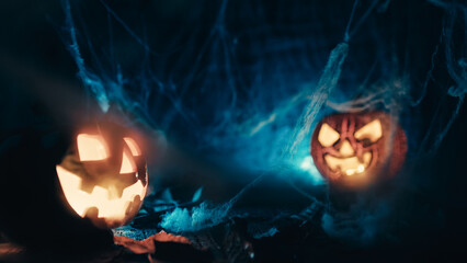 Halloween pumpkins beyond the cobweb with spider and smoke
