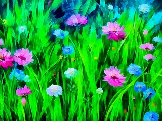 Digital drawing of nature floral background with beautiful flowers,  painting on paper style