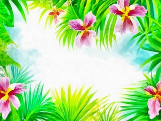 Digital drawing of nature floral background with beautiful flowers,  painting on paper style