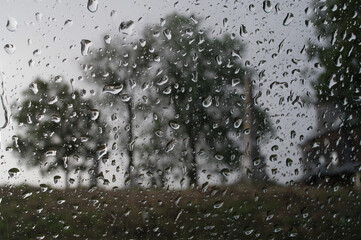 Widok przez szybę w czasie deszczu. - obrazy, fototapety, plakaty
