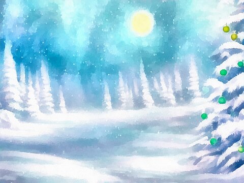Digital drawing of christmas nature background with snow and christmas trees,  painting on paper style