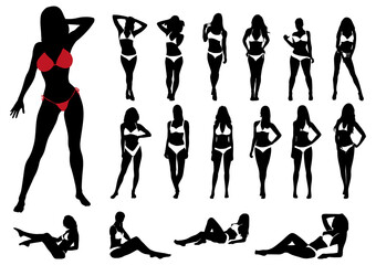 Collection of sexy women silhouette in bikini on white background
