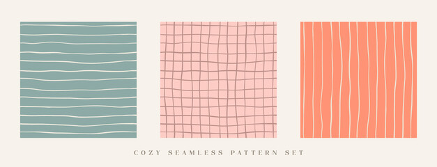 Calm pastel trendy pattern set in minimalistic style. Trendy palette striped patterns for warm and cosy home decor, packaging design or web design. Pack of three seamless vector patterns.