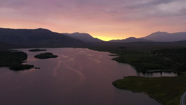 Aerial view over Lough at sunset, Lake Inagh, Connemara, Galway Ireland 