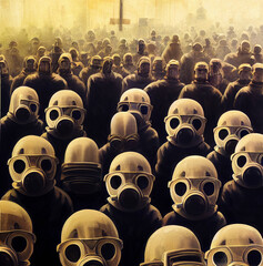 crowd in gas masks