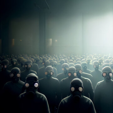 crowd in gas masks